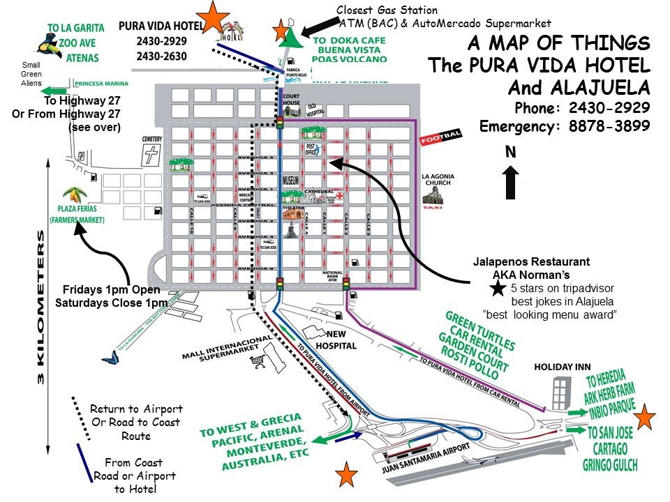 Map of Alajuela with Pura Vida Hotel